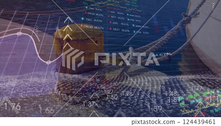 Image of financial data processing over sea port and arrows 124439461