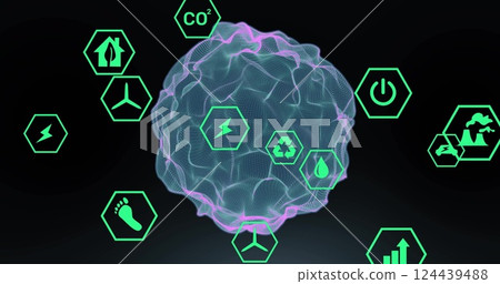 Image of eco icons and data processing over round shape 124439488