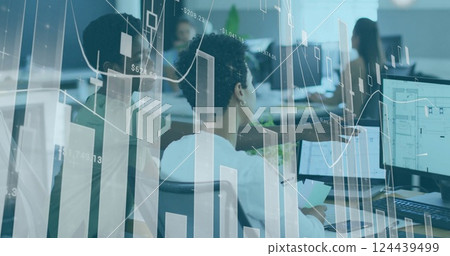 Image of financial data processing over diverse business people in office 124439499