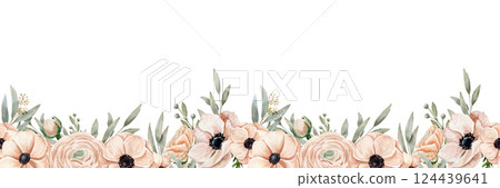 Watercolor seamless border with different branches on a savage color, anemones and ranunculus on a peach pink color 124439641