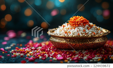 Colorful rakhi with kumkum and rice displayed beautifully for the celebration of raksha bandhan festival Colorful rakhi with kumkum and rice displayed beautifully for the celebration of raksha bandhan festival 124439672