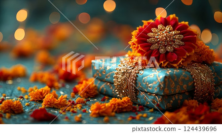 Gift for sister on Raksha Bandhan with elegant Rakhi and festive decor showcasing the celebration of love and protection between siblings Gift for sister on Raksha Bandhan with elegant Rakhi and festive decor showcasing the celebration of love and protection between siblings 124439696