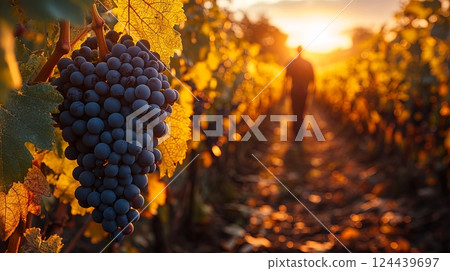 Farmer walks through a vineyard in rural wine country France during sunset carefully harvesting ripe grapes for the upcoming wine production Farmer walks through a vineyard in rural wine country France during sunset carefully harvesting ripe grapes for the upcoming wine production 124439697