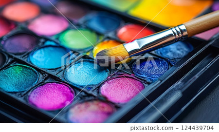 The vibrant array of watercolors and an expertly arranged brush set promise an exciting artistic journey, all enhanced by the bright and inspiring daylight streaming in The vibrant array of watercolors and an expertly arranged brush set promise an exciting artistic journey, all enhanced by the bright and inspiring daylight streaming in 124439704