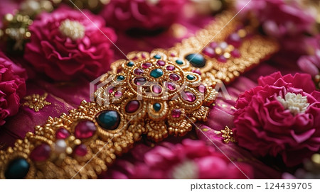 Celebrating Raksha Bandhan with an elegant Rakhi and a heartfelt gift from brother to sister on a vibrant festive background 124439705