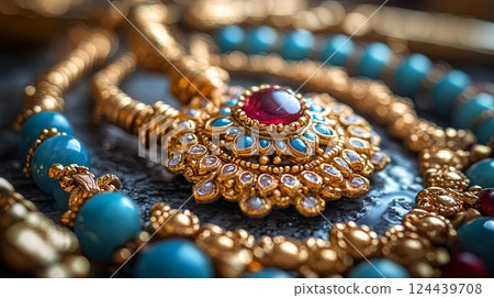 Traditional Indian jewelry for Raksha Bandhan festival showcasing intricate design and craftsmanship with colorful gemstones for a celebratory occasion 124439708