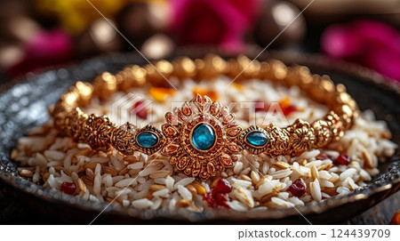 Celebrate Raksha Bandhan with an elegant Rakhi adorned with beautiful gemstones surrounded by rice grains and kumkum on a decorative platter 124439709
