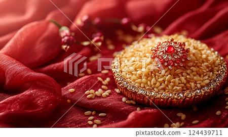 Elegantly adorned Rakhi and rice grains on a rich red textured cloth for Raksha Bandhan celebration Elegantly adorned Rakhi and rice grains on a rich red textured cloth for Raksha Bandhan celebration 124439711