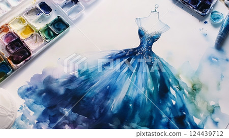 Couture gown sketch process featuring watercolor artistry with intricate details on a minimalist background Couture gown sketch process featuring watercolor artistry with intricate details on a minimalist background 124439712