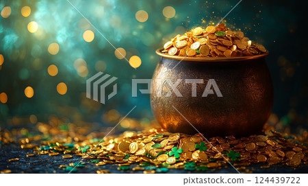 Celebrate St Patricks Day with a pot of gold overflowing with lucky charms and coins in a festive atmosphere filled with shimmering light Celebrate St Patricks Day with a pot of gold overflowing with lucky charms and coins in a festive atmosphere filled with shimmering light 124439722