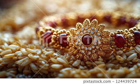 Celebrate Raksha Bandhan with a traditional Rakhi adorned with rice grains and kumkum in a festive setting 124439724