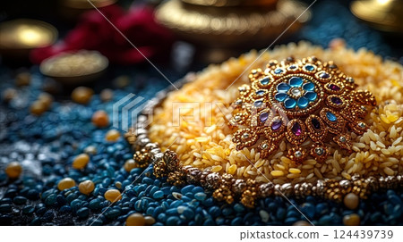 Celebrate Raksha Bandhan with traditional rakhi adorned with colorful embellishments placed on a bed of rice grains symbolizing love and protection 124439739