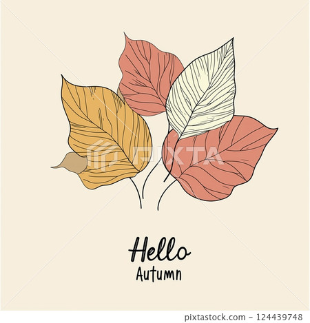 A decorative autumn-themed illustration featuring hand-drawn leaves and Hello Autumn text, representing the beauty of the fall season. 124439748