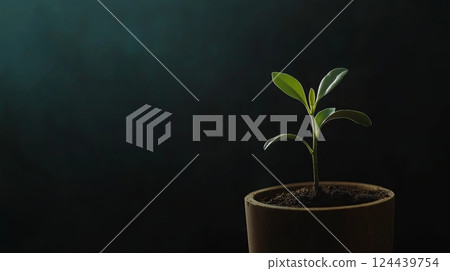 A small green plant sprouting from a pot, illuminated by soft light, symbolizing growth, nature, sustainability, and new beginnings. 124439754