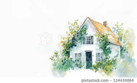 A delightful cottage, beautifully surrounded by thriving vines, is presented in a serene watercolor style against a pristine backdrop 124439864
