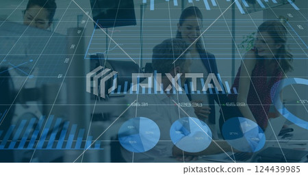 Image of financial data processing over diverse business people in office Image of financial data processing over diverse business people in office 124439985