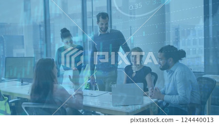 Image of financial data processing over diverse business people in office Image of financial data processing over diverse business people in office 124440013