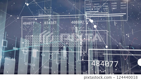 Image of financial data processing over cityscape 124440018