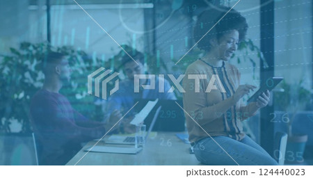 Image of financial data processing over diverse business people in office 124440023