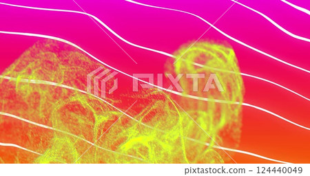 Image of glowing light trails moving over striped pink to orange background Image of glowing light trails moving over striped pink to orange background 124440049