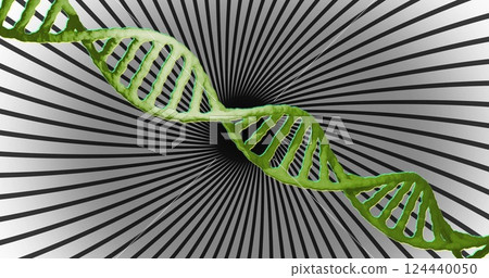 Image of dna strand and data processing over spinning stripes 124440050