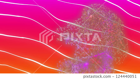 Image of glowing light trails moving over striped pink to orange background Image of glowing light trails moving over striped pink to orange background 124440051