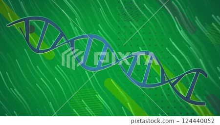 Image of dna strand and data processing over glowing light trails 124440052