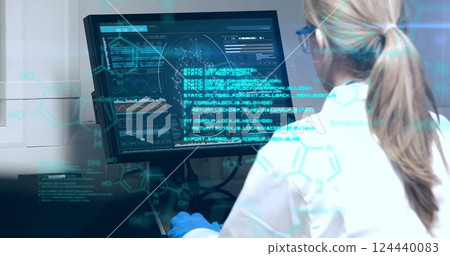 Image of chemical formula and data processing over caucasian female scientist in lab Image of chemical formula and data processing over caucasian female scientist in lab 124440083