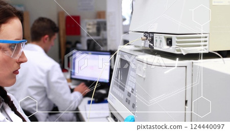 Image of chemical formula over caucasian female scientist in lab 124440097