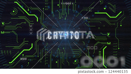 Image of crypto text with data processing on black background Image of crypto text with data processing on black background 124440135