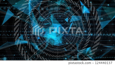 Image of network of connections with data processing over circles on black background 124440137