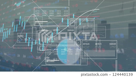 Image of financial data processing over cityscape 124440139
