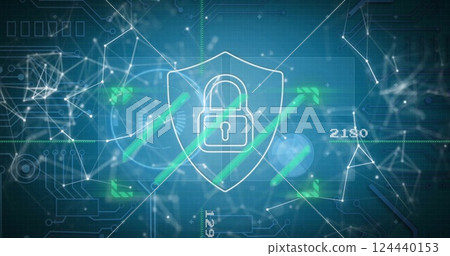 Image of padlock icon, network of connections and data processing 124440153