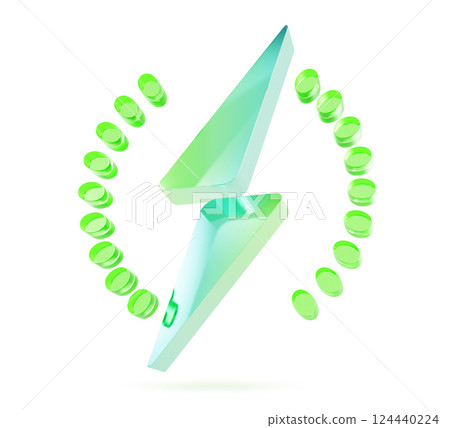 3d glass green wireless charger symbol. Holographic transparent logo icon, lightning with circle dots. Electric car or mobile battery charge indicator. Fast charging dock station sign. 3D illustration 124440224