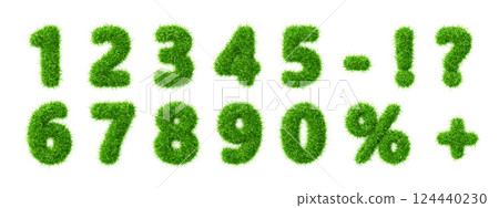3d fur fluffy font, green grass texture numbers from 0 to 9. Natural eco organic balloons, percentage sign, question mark, exclamation, plus, minus symbol, sale discount, render set. 3D illustration 3d fur fluffy font, green grass texture numbers from 0 to 9. Natural eco organic balloons, percentage sign, question mark, exclamation, plus, minus symbol, sale discount, render set. 3D illustration 124440230