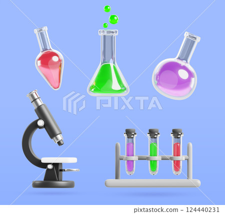 3d chemical laboratory experiment equipment icon set. Microscope, glass flasks, beakers with toxic bubbles, test tube rack with color liquid. Render science glassware for lab research. 3D illustration 3d chemical laboratory experiment equipment icon set. Microscope, glass flasks, beakers with toxic bubbles, test tube rack with color liquid. Render science glassware for lab research. 3D illustration 124440231