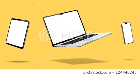 Levitation laptop computer, tablet and cellphone mockup 124440245