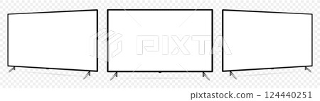 Realistic blank flat screen TV mockup from angled views on transparent background. 124440251