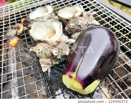 Char-grilled seafood and eggplant Char-grilled seafood and eggplant 124440372