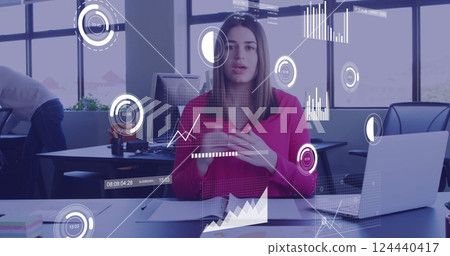 Image of financial data processing over caucasian businesswoman using computer 124440417