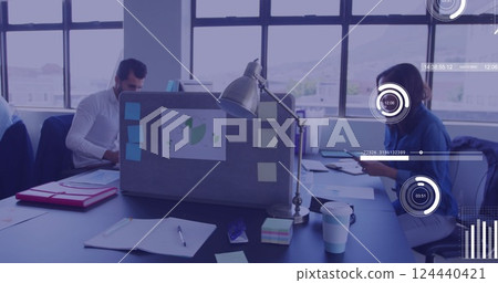 Image of financial data processing over biracial businesswoman using smartphone in office 124440421