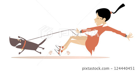 Young woman walking a disobedient dog. Dog walking, Young woman tries to stop an angry dog. Isolated on white background	 124440451