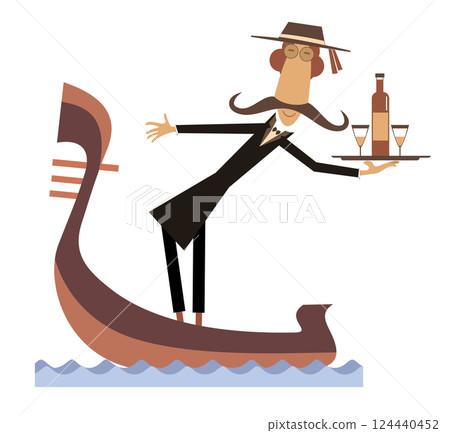 Man riding a gondola. Tray with a bottle and two glasses. Cartoon man in gondola carries a tray with alcohol drink and glasses. Isolated on white background Man riding a gondola. Tray with a bottle and two glasses. Cartoon man in gondola carries a tray with alcohol drink and glasses. Isolated on white background 124440452