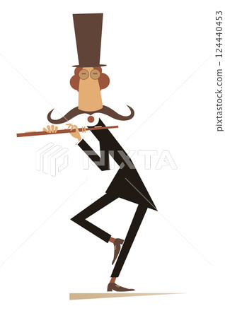 Cartoon musician playing flute. Funny long mustache man in the top hat playing flute. Isolated on white background Cartoon musician playing flute. Funny long mustache man in the top hat playing flute. Isolated on white background 124440453