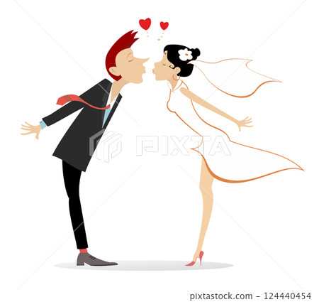 Happy married wedding couple. Happy bridegroom and bride kissing one another. Falling in love. Isolated on white background Happy married wedding couple. Happy bridegroom and bride kissing one another. Falling in love. Isolated on white background 124440454