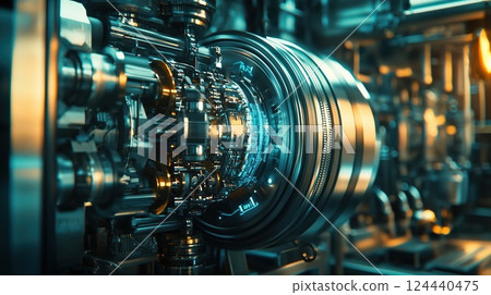 Detailed close-up of futuristic mechanical system with complex metallic parts 124440475