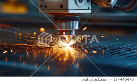 Close-up view of a laser cutting machine processing metal 124440476