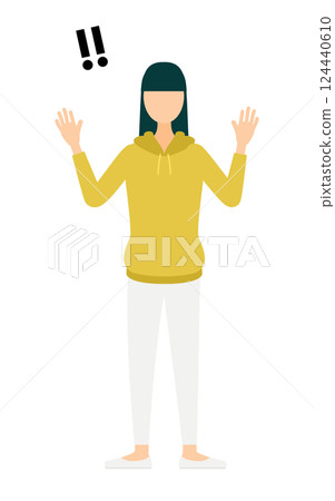 A simple illustration of a woman wearing a khaki hoodie raising her hands in surprise A simple illustration of a woman wearing a khaki hoodie raising her hands in surprise 124440610
