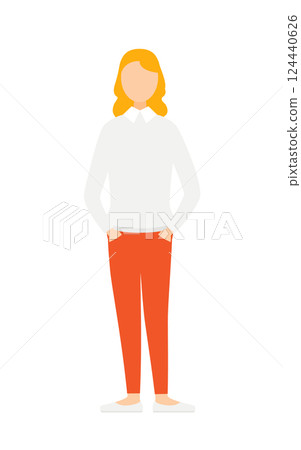 一個簡單的插圖，一位女士穿著灰色毛衣，雙手插在口袋裡 124440626