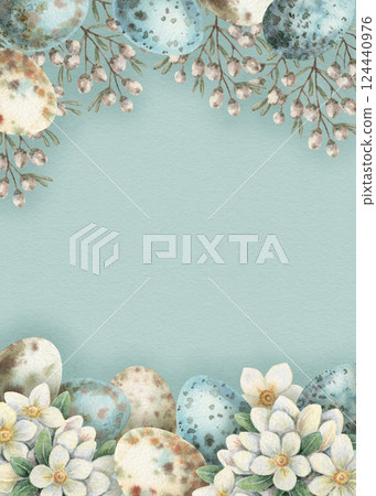Blue Easter background with quail egg and white flower in vintage style. Hand drawn watercolor design. Vertical floral frame with copy space. Perfect for greeting card and holiday template. 124440976